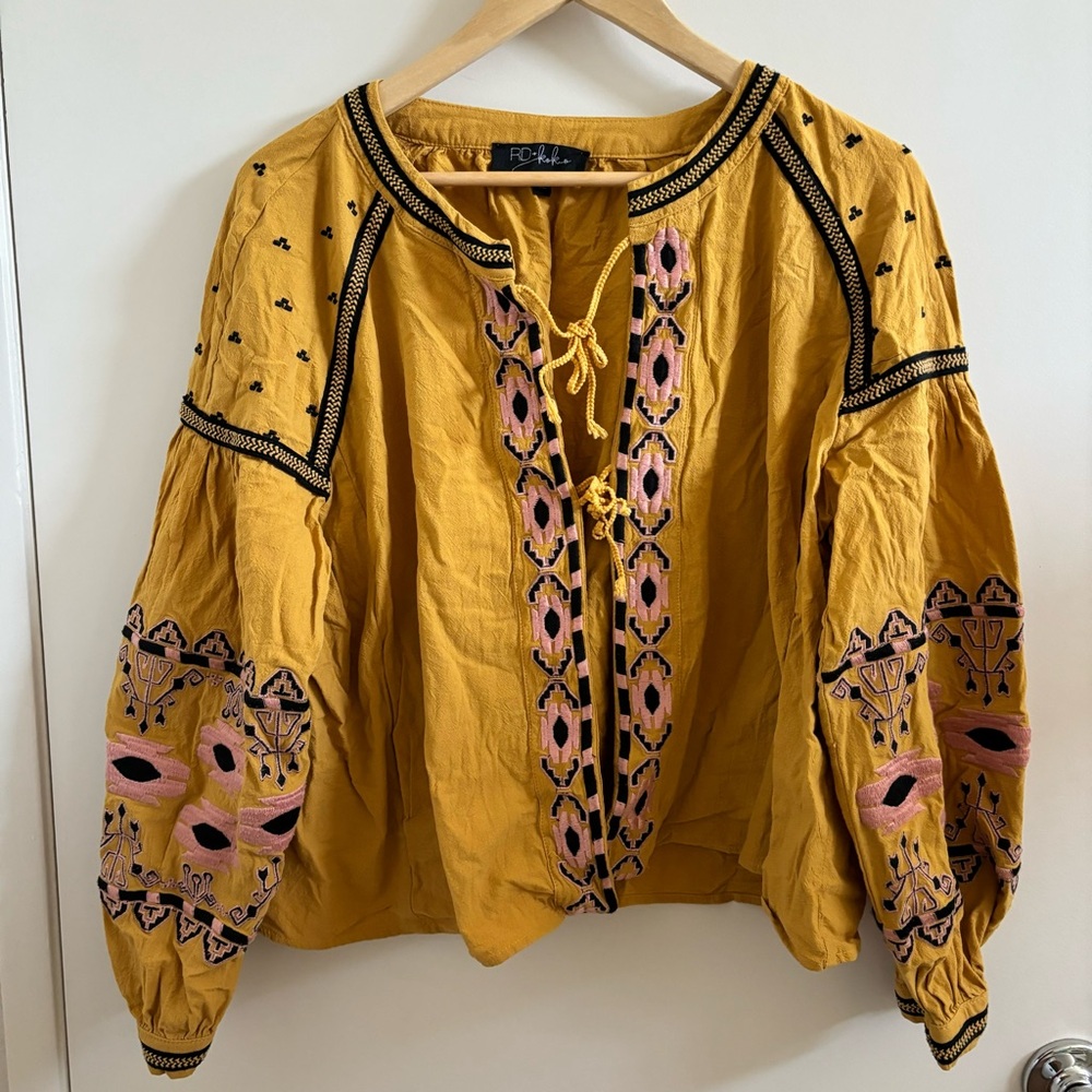 Embroidered Mustard Tie Blouse